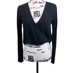 Bebe Wrap Blouse Black Top Long Sleeve Chiffon Sheer  V Neck bodysnap size XS